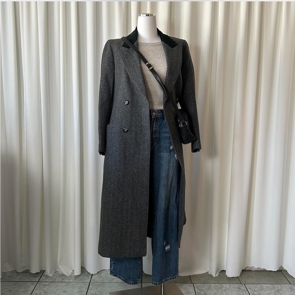 VTG 80s Double Breasted Mister Coats by David Baker Wool Herringbone Overcoat. - Picture 2 of 9